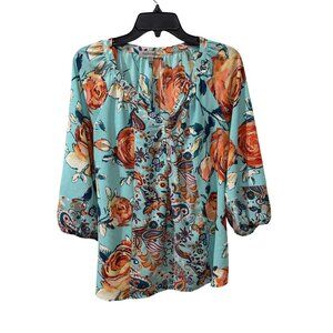 Figueroa & Flower Womens Floral Paisley Button-Down Blouse Aqua Size L 3/4 Sleev